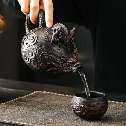 Jianshui Clay Purple Pottery Carving Dragon Teapot Hand Painted Antique Relief Teapot Household Teapot Kungfu Tea Set Kettle