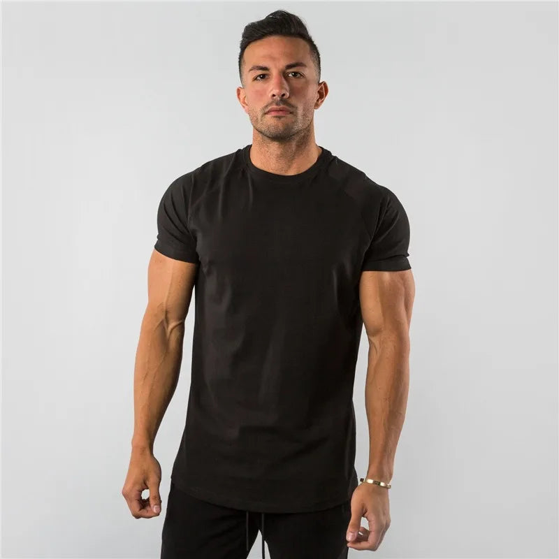 Men's T-shirt European Summer Fitness Sports Solid Cotton Elasticity Active Short-sleeved T-shirt Large Size M-2XL