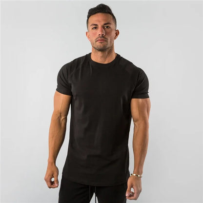 Men's T-shirt European Summer Fitness Sports Solid Cotton Elasticity Active Short-sleeved T-shirt Large Size M-2XL