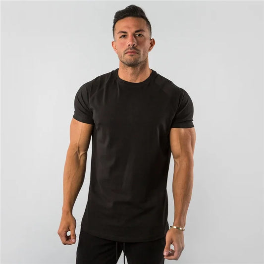 Men's T-shirt European Summer Fitness Sports Solid Cotton Elasticity Active Short-sleeved T-shirt Large Size M-2XL