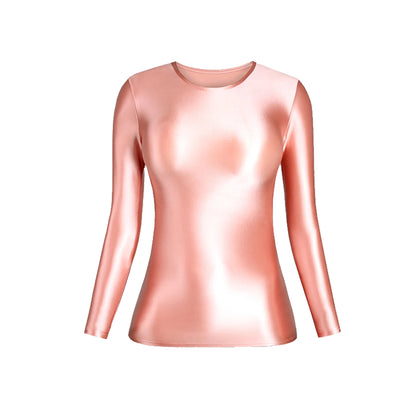 MJINM Glossy Satin Elastic Crewneck Longsleeve Breathable Tops Blouse Streetwear Sport Fitness Yoga Tees Casual Tight Undershirt