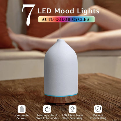 Ceramic Essential Oil Diffuser Ultrasonic Aromatherapy Humidifier with 7-Color LED Lights Auto Shut-Off 1H/3H/6H Timer