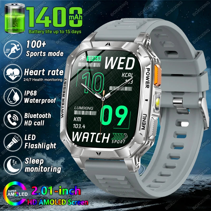 2026 New 1400 mAh Battery Military Grade Smart Watch Men IP68 Waterproof 100+ Sports Modes Bluetooth Call AMOLED HD Smartwatches