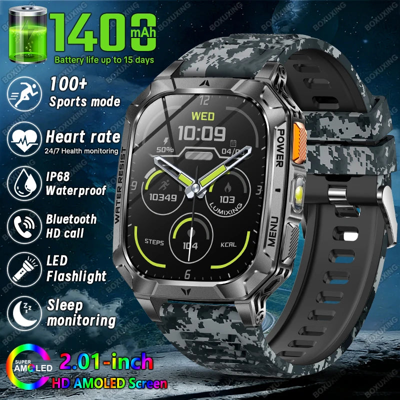 2026 New 1400 mAh Battery Military Grade Smart Watch Men IP68 Waterproof 100+ Sports Modes Bluetooth Call AMOLED HD Smartwatches