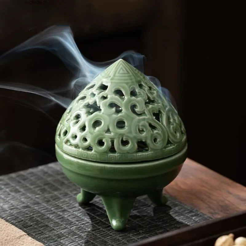 Celadon Hollow Floral Pattern Tripod Aromatherapy Burner Coil Incense Holder Indoor Tea Ceremony Fragrance Censer Home Decor