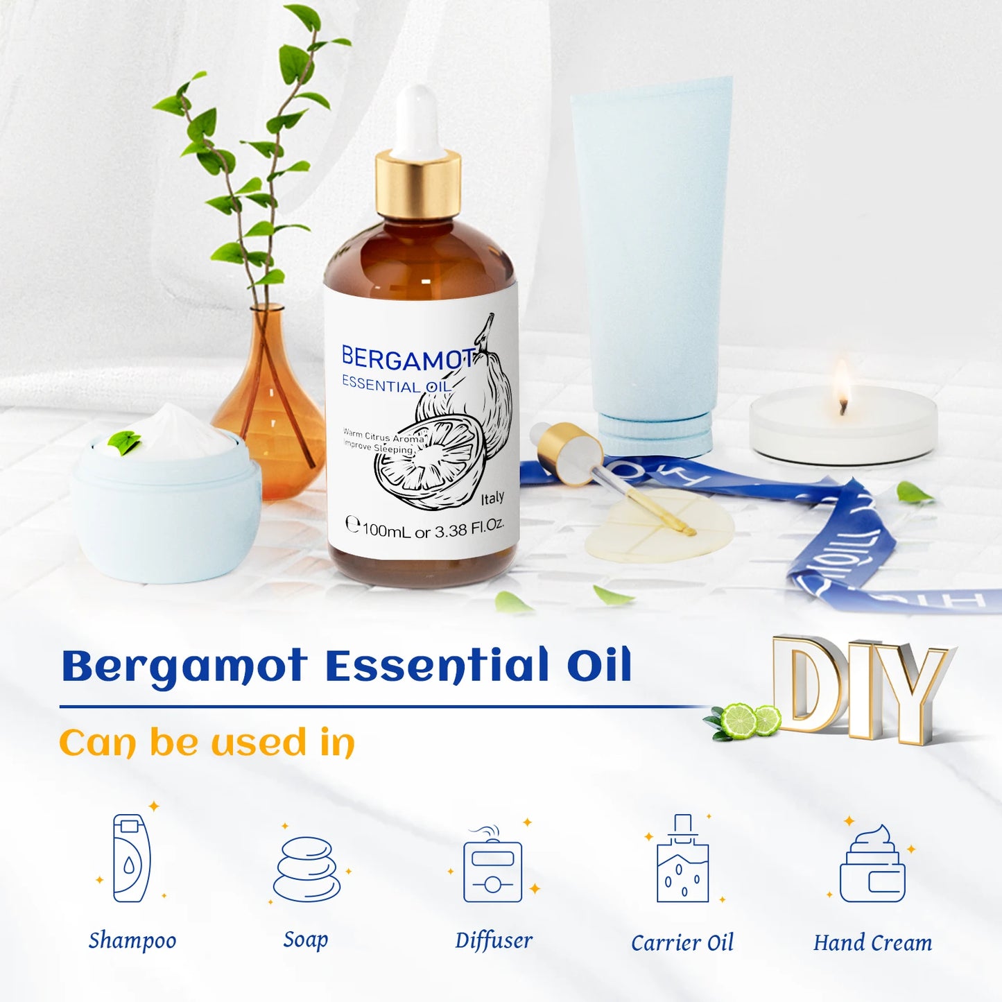 HIQILI Therapeutic Grade Essential Oil 100ml for Massage Relaxation Air Freshener Bergamot Peppermint Vanilla Chamomile Thyme