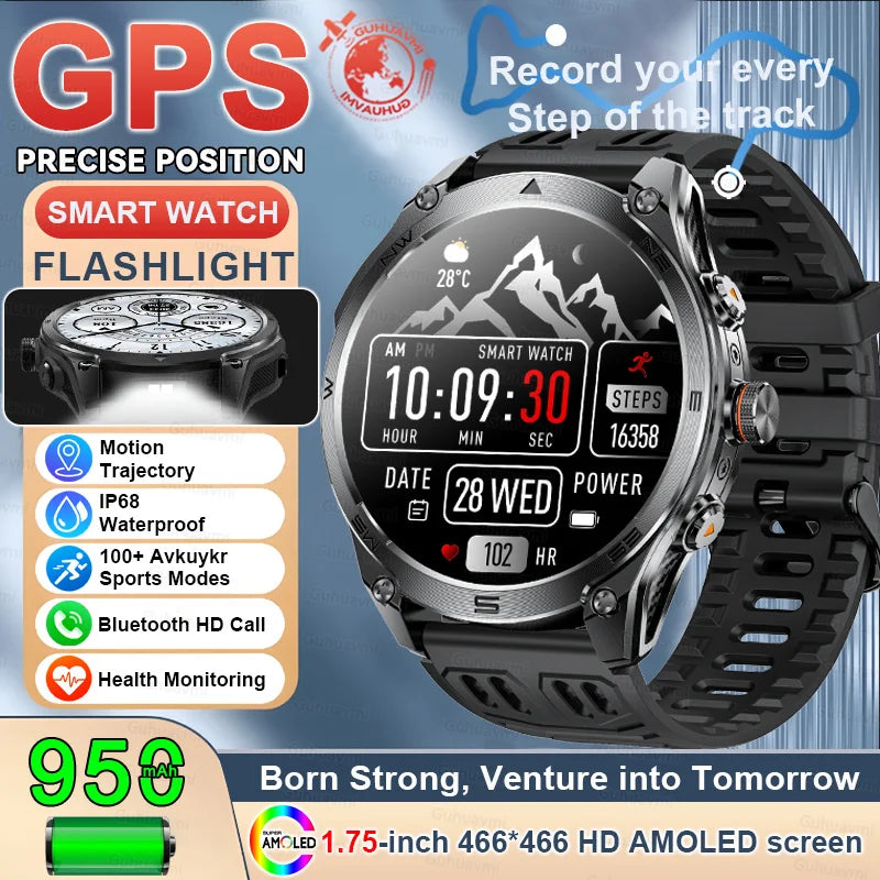1.75-inch Built-in GPS Professional Outdoor SmartWatch New 50 Meter Waterproof dive Flashlight Bluetooth Call Smart Watches men