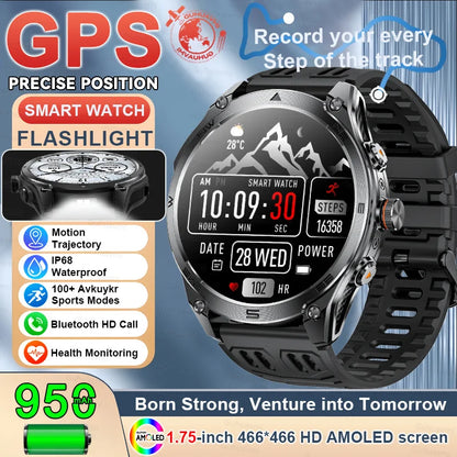 1.75-inch Built-in GPS Professional Outdoor SmartWatch New 50 Meter Waterproof dive Flashlight Bluetooth Call Smart Watches men
