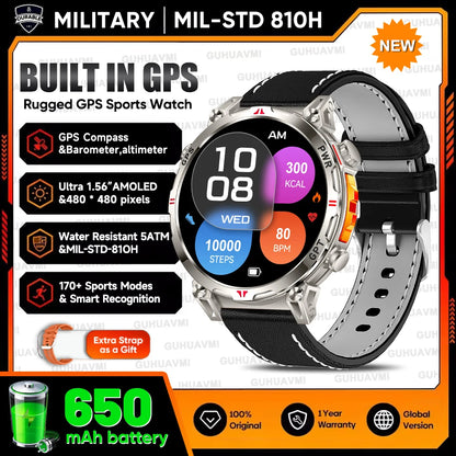2026 Outdoor GPS Sports Smart Watch Men Built in GPS Compass 5ATM Waterproof Bluetooth Call HD AMOLED Screen Fitness Smartwatch