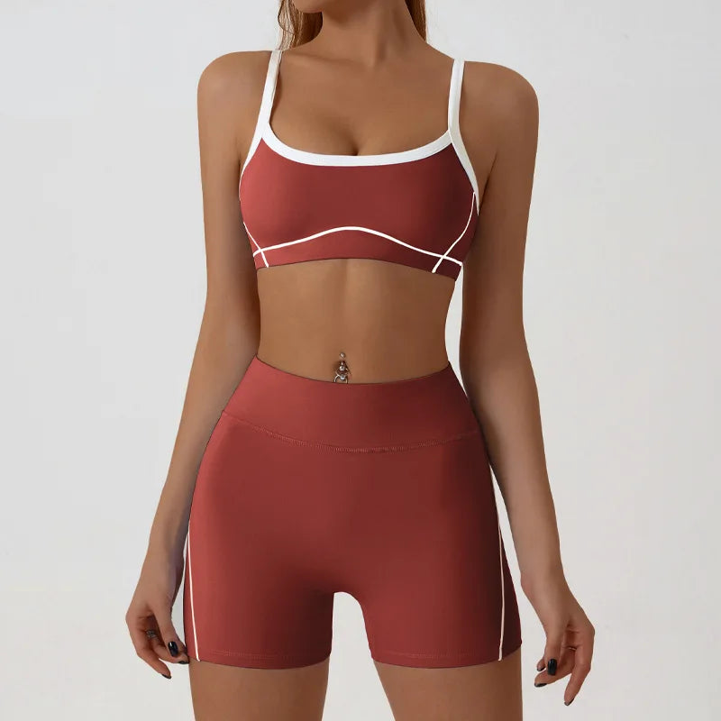 Nude High-elasticity Yoga Suit Contrasting Color Bra Halter Top Hip-lifting Fitness Line Shorts Pilates Sports Set