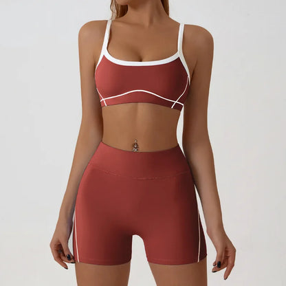Nude High-elasticity Yoga Suit Contrasting Color Bra Halter Top Hip-lifting Fitness Line Shorts Pilates Sports Set