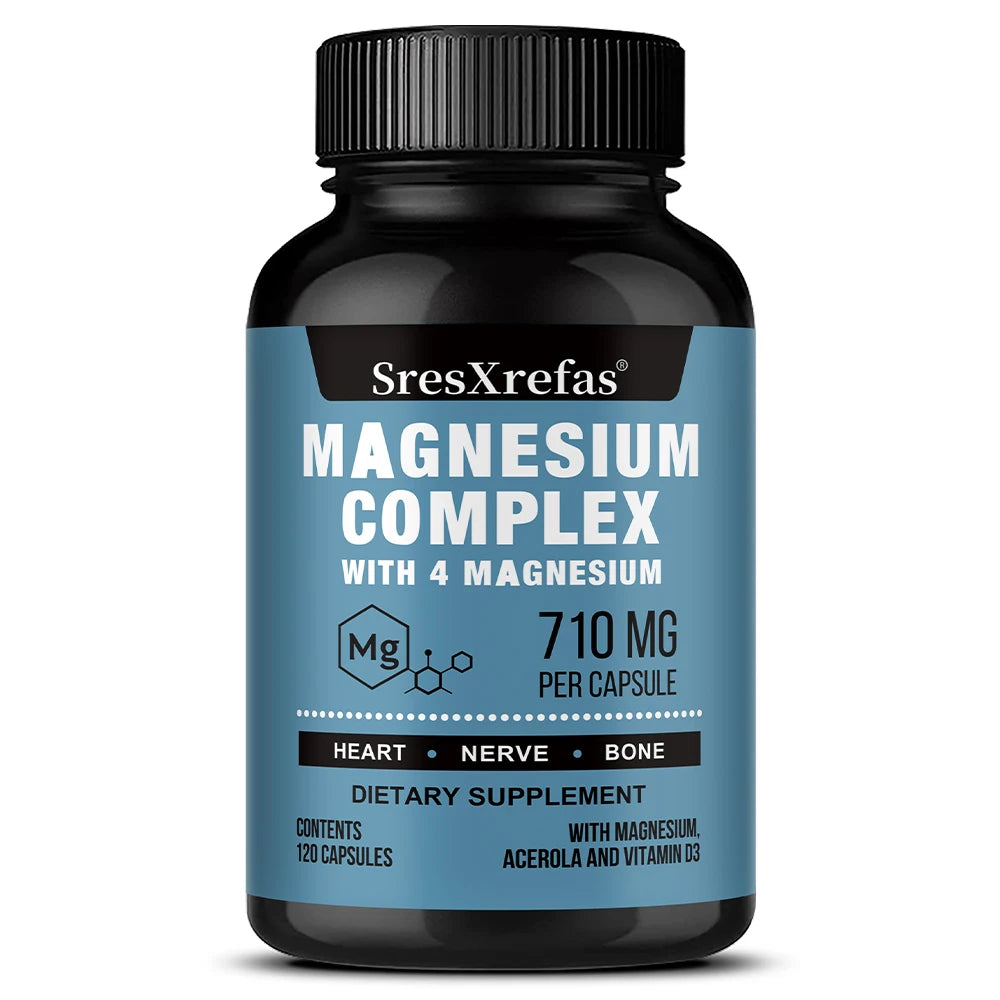 Magnesium Complex 710MG Capsules - 8 Chelated Forms + B/C/E Vitamins, Sleep Stress Relief, Bone Muscle Heart Health, Non-GMO