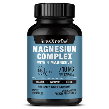 Magnesium Complex 710MG Capsules - 8 Chelated Forms + B/C/E Vitamins, Sleep Stress Relief, Bone Muscle Heart Health, Non-GMO