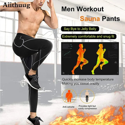 Aiithuug Men Neoprene Sweatpants Athletic Sauna Sweat 5 Times Sweating Pants Running Workout Sports Leggings Pocket Body Shapers