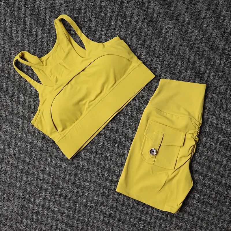 TRY TO BN Fitness Shorts Yoga Sports Bra Sets Women's Tracksuit Sportswear Workout High Waisted Leggings Cycling Gym Suit Pocket