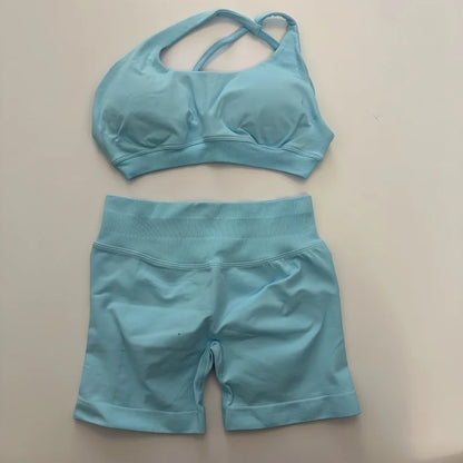 Yoga Asymmetric Gym Set Women Seamless Yoga Set Workout Shorts Sets Halter Sports Bra Scrunch Bum Shorts Fitness Clothes