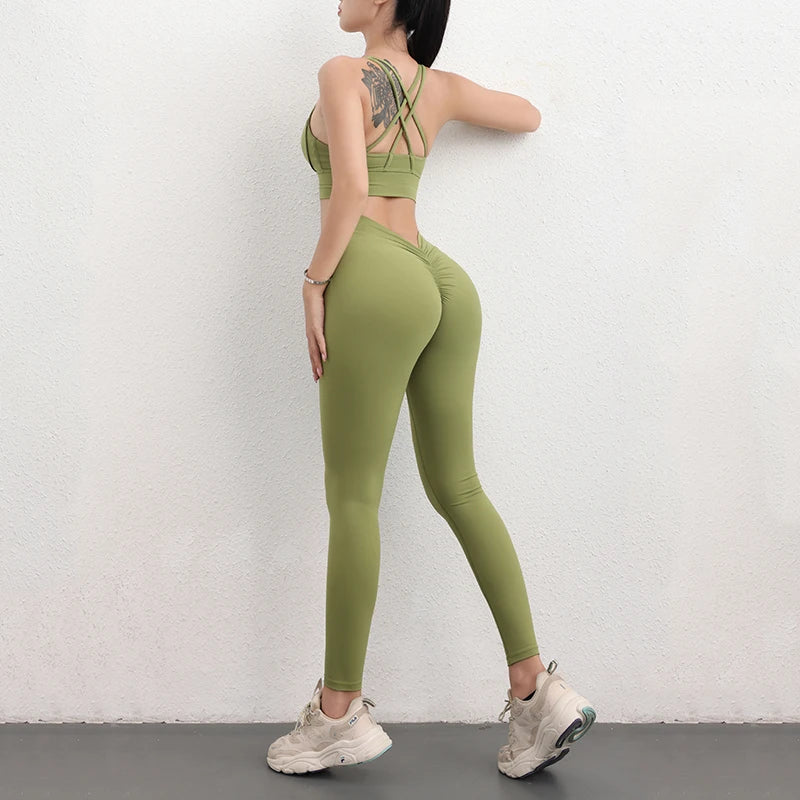 TRY TO BN Yoga Set V Back Leggings Sports Bra Fitness Women's Tracksuit High Waist Sportswear Workout Cycling Gym Outfit Clothes