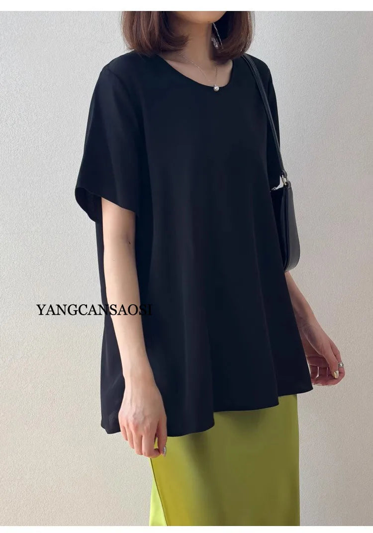 2025 Women's Casual Summer New Relaxation Style 26MM 93% Natural Mulberry Silk Elastic Wrinkled Round Neck Short Sleeve T-shirt