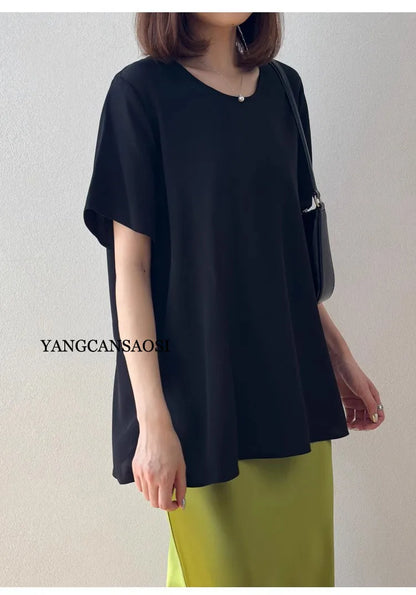 2025 Women's Casual Summer New Relaxation Style 26MM 93% Natural Mulberry Silk Elastic Wrinkled Round Neck Short Sleeve T-shirt
