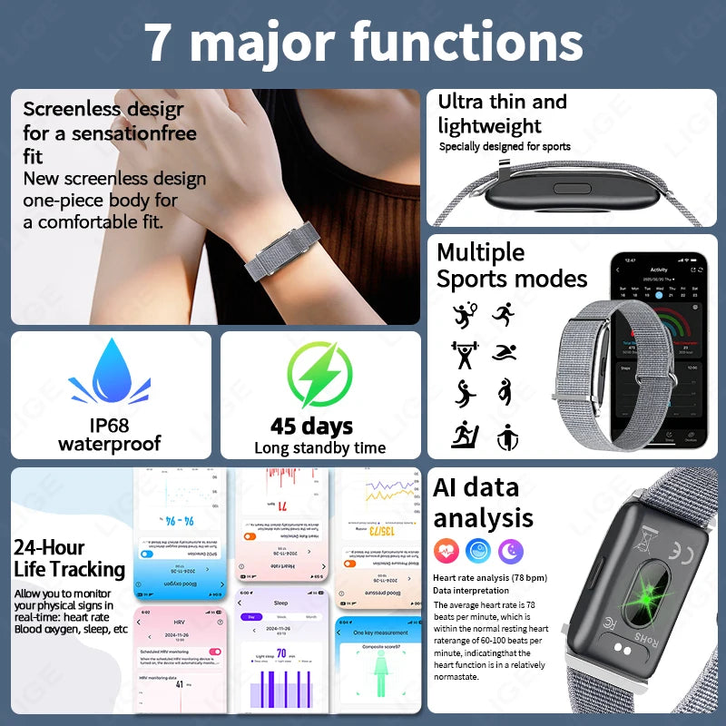 LIGE New GPS Motion Trajectory Fitness Smart Bracelet Heart Rate Pressure Health Monitor Smartwatch Sports Step Electronic Band