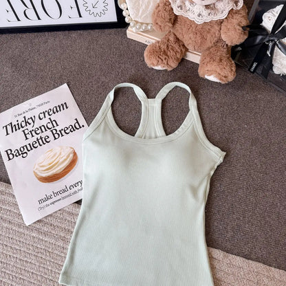Dopamine  Sporty Fitness Women's Tank Top with Chest Pad Outdoor Style round Neck Backless Vest Casual Daily Wear