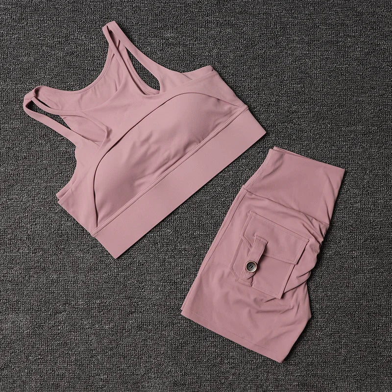 TRY TO BN Fitness Shorts Yoga Sports Bra Sets Women's Tracksuit Sportswear Workout High Waisted Leggings Cycling Gym Suit Pocket