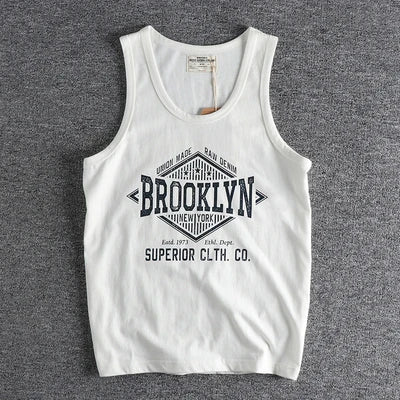 Summer New 230g American Retro Sleeveless O-neck Letter Printed T-shirt Men's 100% Cotton Washed Casual Sports Fitness Vest Tops