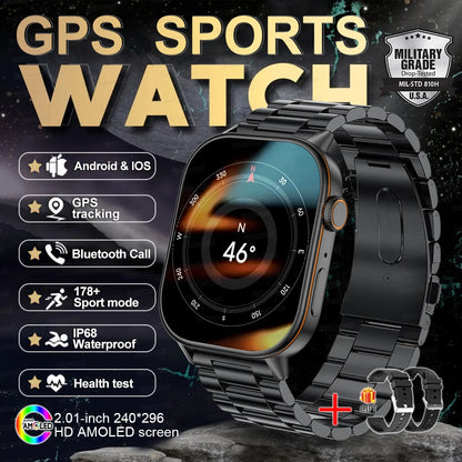 2025 New Outdoor Military GPS Smart Watch 2.01-inch AMOLED Screen BT Call 178+ Sport Mode IP68 Waterproof Smartwatches Man Women