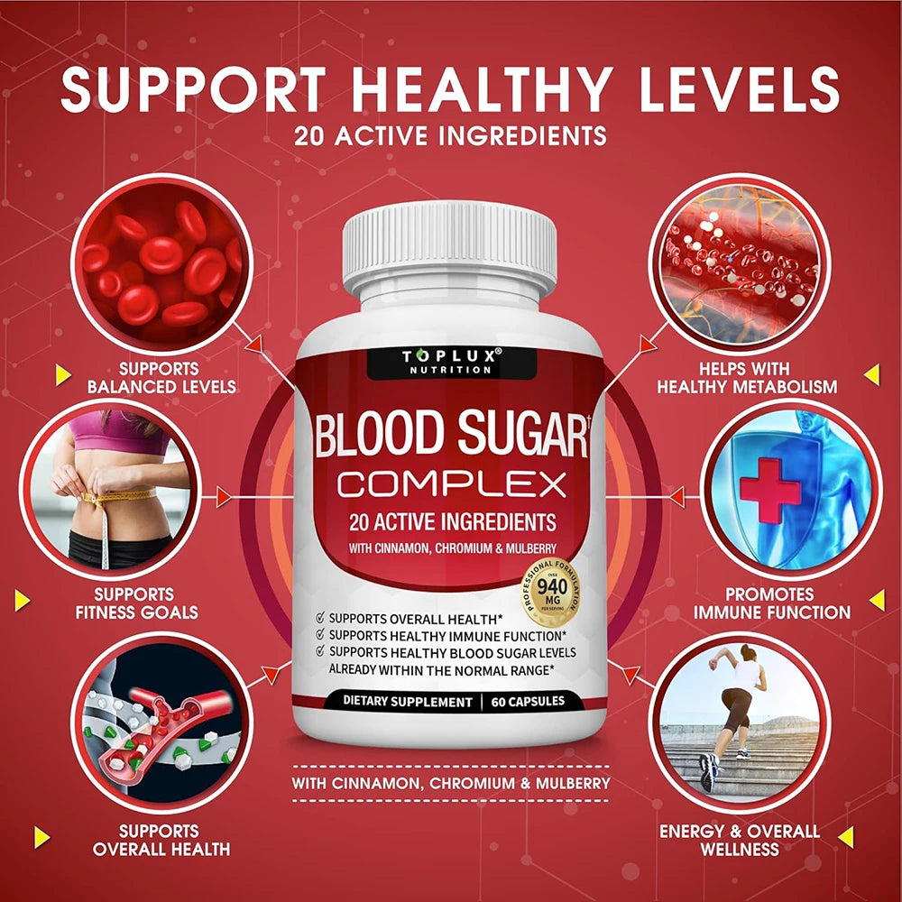 Blood Sugar Complex Supplement Balance Blend Complex for Men Women- Natural 20 Herbs and Vitamins with Cinnamon, Vegan Capsules