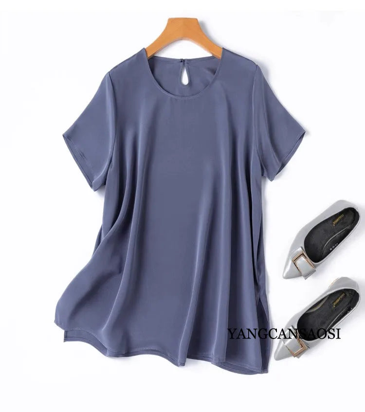 2025 Women's Casual Summer New Relaxation Style 26MM 93% Natural Mulberry Silk Elastic Wrinkled Round Neck Short Sleeve T-shirt