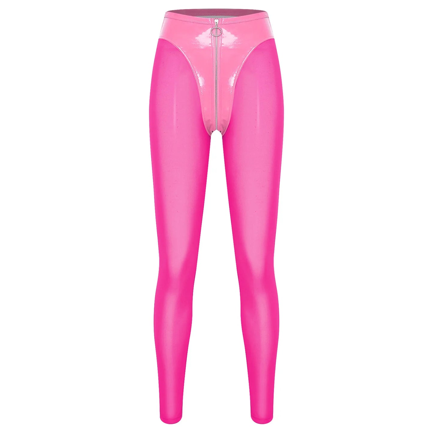 Women Y2K Style Glossy Red Skinny Tights Pants Leggings Glossy PU Leather Zipper Crotch Sheer Mesh Legs Patchwork Tights Pants