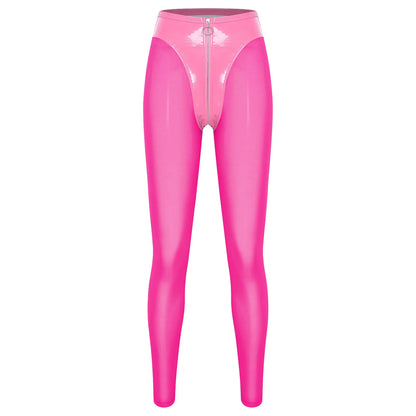 Women Y2K Style Glossy Red Skinny Tights Pants Leggings Glossy PU Leather Zipper Crotch Sheer Mesh Legs Patchwork Tights Pants