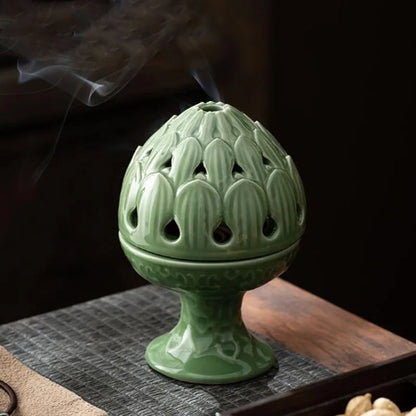 Celadon Hollow Floral Pattern Tripod Aromatherapy Burner Coil Incense Holder Indoor Tea Ceremony Fragrance Censer Home Decor