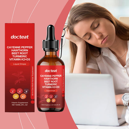 Cayenne Pepper Drops with Hawthorn Berry, Beetroot, Turmeric, and Vitamins D3 & K2 - All-in-One Liquid Supplement