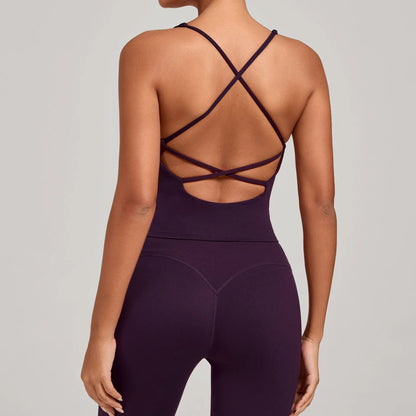 Sexy Cross Backless Sports Tank Tops with Cups Women Gym Clothing Sleeveless V-neck Fitness Active Vest Female Workout Slim Top