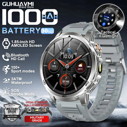 2026New Rugged Military Grade Smart Watch Men 1000mAh Large Battery Flashlight Waterproof Voice Call Sports Men Fitness Bracelet