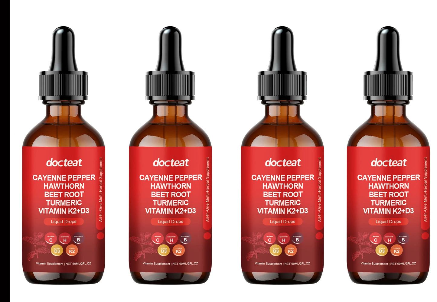 Cayenne Pepper Drops with Hawthorn Berry, Beetroot, Turmeric, and Vitamins D3 & K2 - All-in-One Liquid Supplement