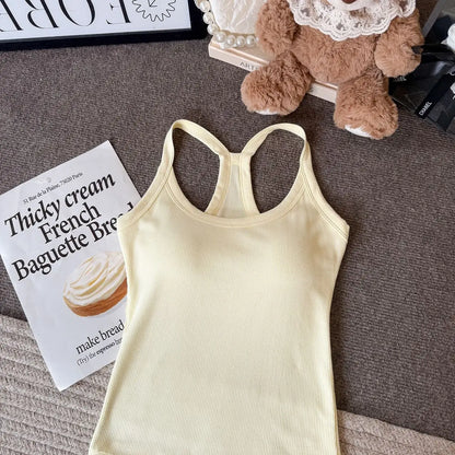 Dopamine  Sporty Fitness Women's Tank Top with Chest Pad Outdoor Style round Neck Backless Vest Casual Daily Wear