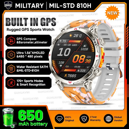 2026 Outdoor GPS Sports Smart Watch Men Built in GPS Compass 5ATM Waterproof Bluetooth Call HD AMOLED Screen Fitness Smartwatch