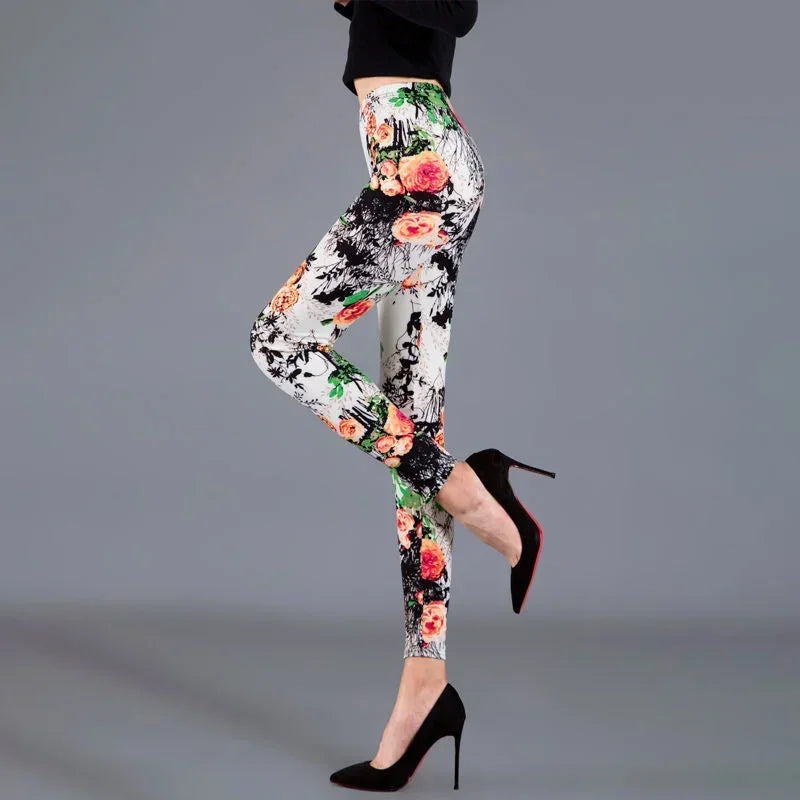 Women Floral Printed Exercise Colorful Peony Flower Female Elastic Leggins High Waist Pants Push Up Trousers Fitness Leggings