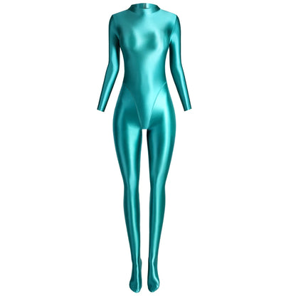 MJINM Glitter Shiny Satin High Stretch V-crotch Longsleeve Back Zipper Yoga Fitness Jumpsuit Bodysuit Playsuit Catsuit Homewear
