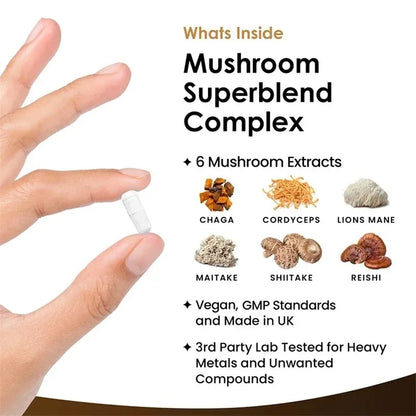 Mushroom Super Blend Complex - Brain Nervous System Health and Memory Supplements Immunity Sleep Energy Mood Support