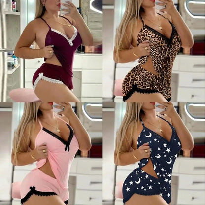 Womens Breathable Lace Accent Bowknot Pajama Sleepwear Set Elegant Sleeveless Cami Top and Shorts Home Relaxation Outfit 6XDA