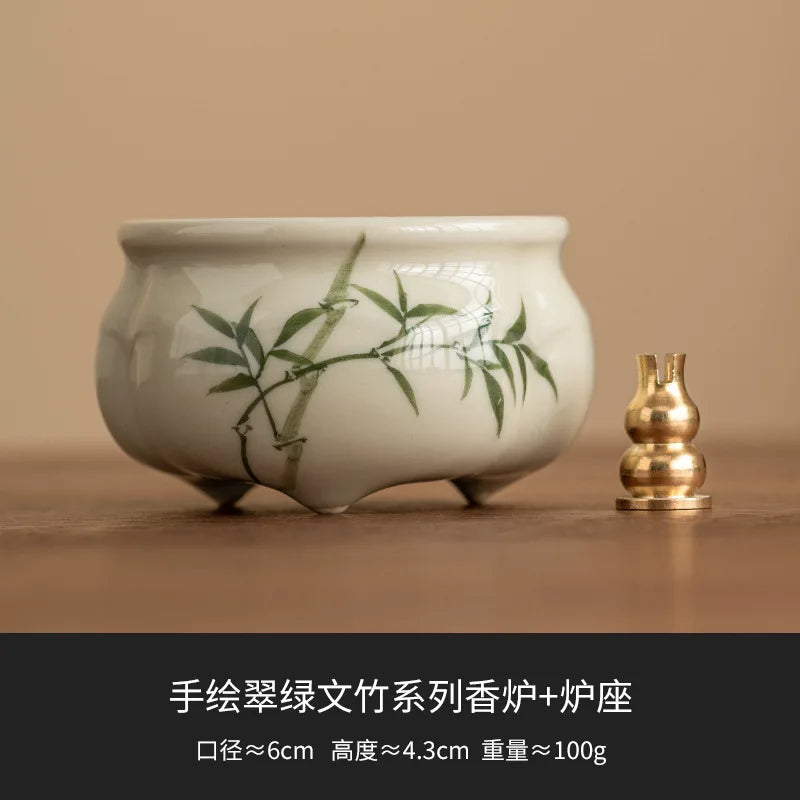 Emerald Green Asparagus Fern Three-Legged Incense Burner Home Indoor Chinese Zen Tea Set Ceramic Aromatherapy Stove Tea Ceremony