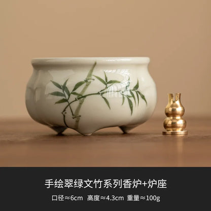 Emerald Green Asparagus Fern Three-Legged Incense Burner Home Indoor Chinese Zen Tea Set Ceramic Aromatherapy Stove Tea Ceremony