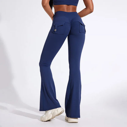 Workwear Pocket Pants, Women's Peach Bell Bottom Pants, Hip Lifting Sports Leggings, Fitness Pants, Micro Bell Bottom Pants