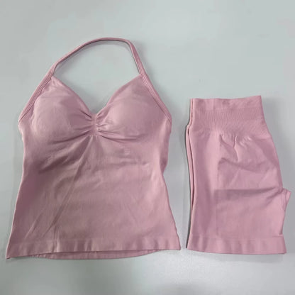 2Pcs Gym Set Women Backless Tank Tops High Waist Scrunch Seamless Shorts Gym Suit Fitness Clothes Activewear Workout Set