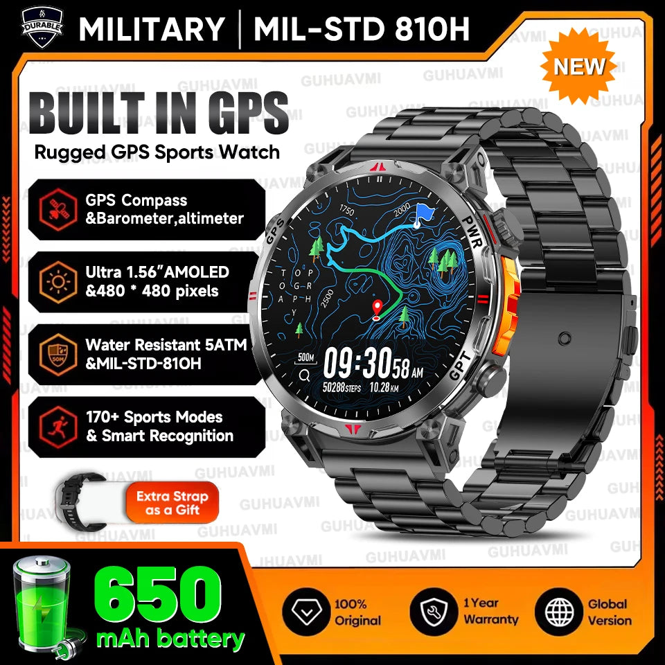 2026 Outdoor GPS Sports Smart Watch Men Built in GPS Compass 5ATM Waterproof Bluetooth Call HD AMOLED Screen Fitness Smartwatch