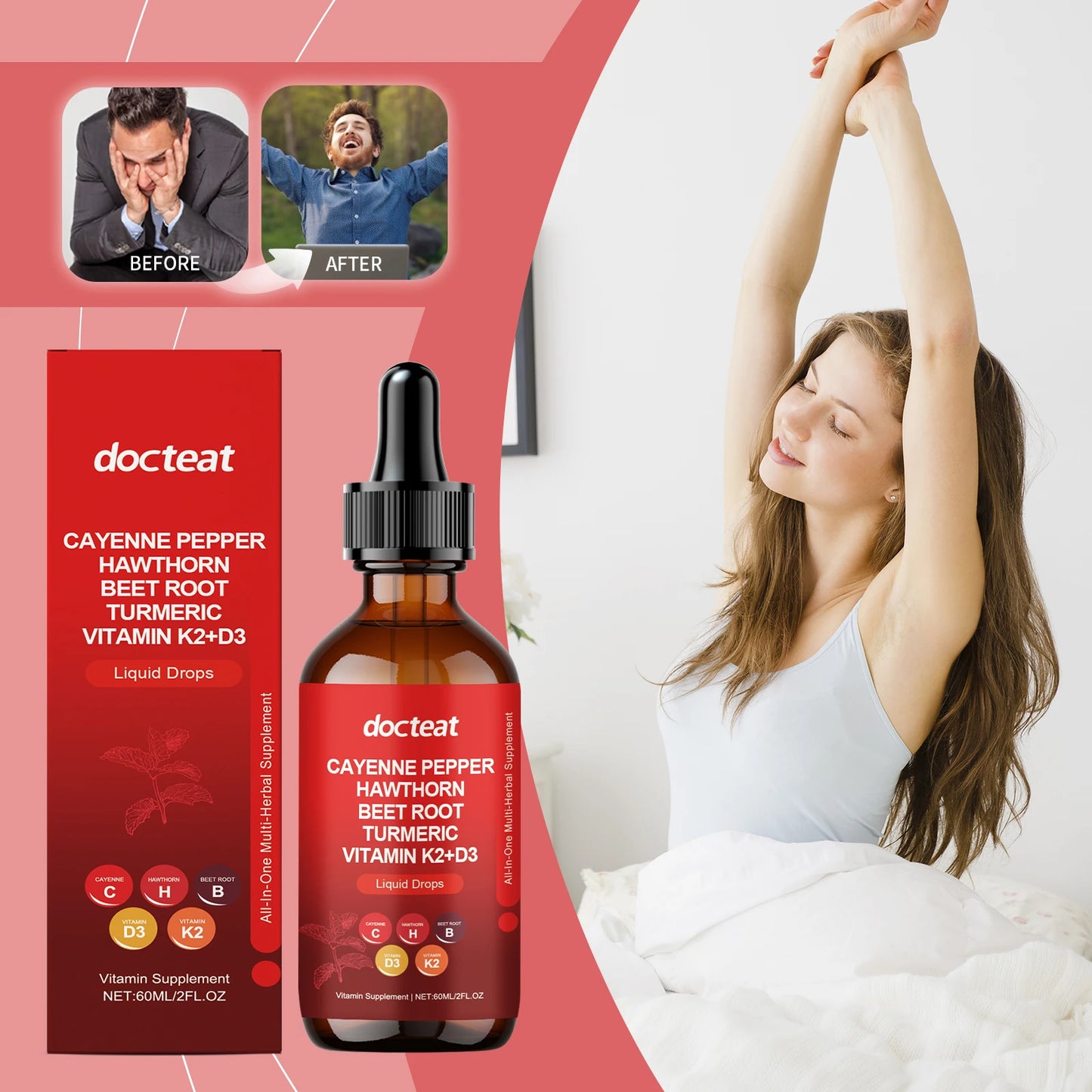 Cayenne Pepper Drops with Hawthorn Berry, Beetroot, Turmeric, and Vitamins D3 & K2 - All-in-One Liquid Supplement