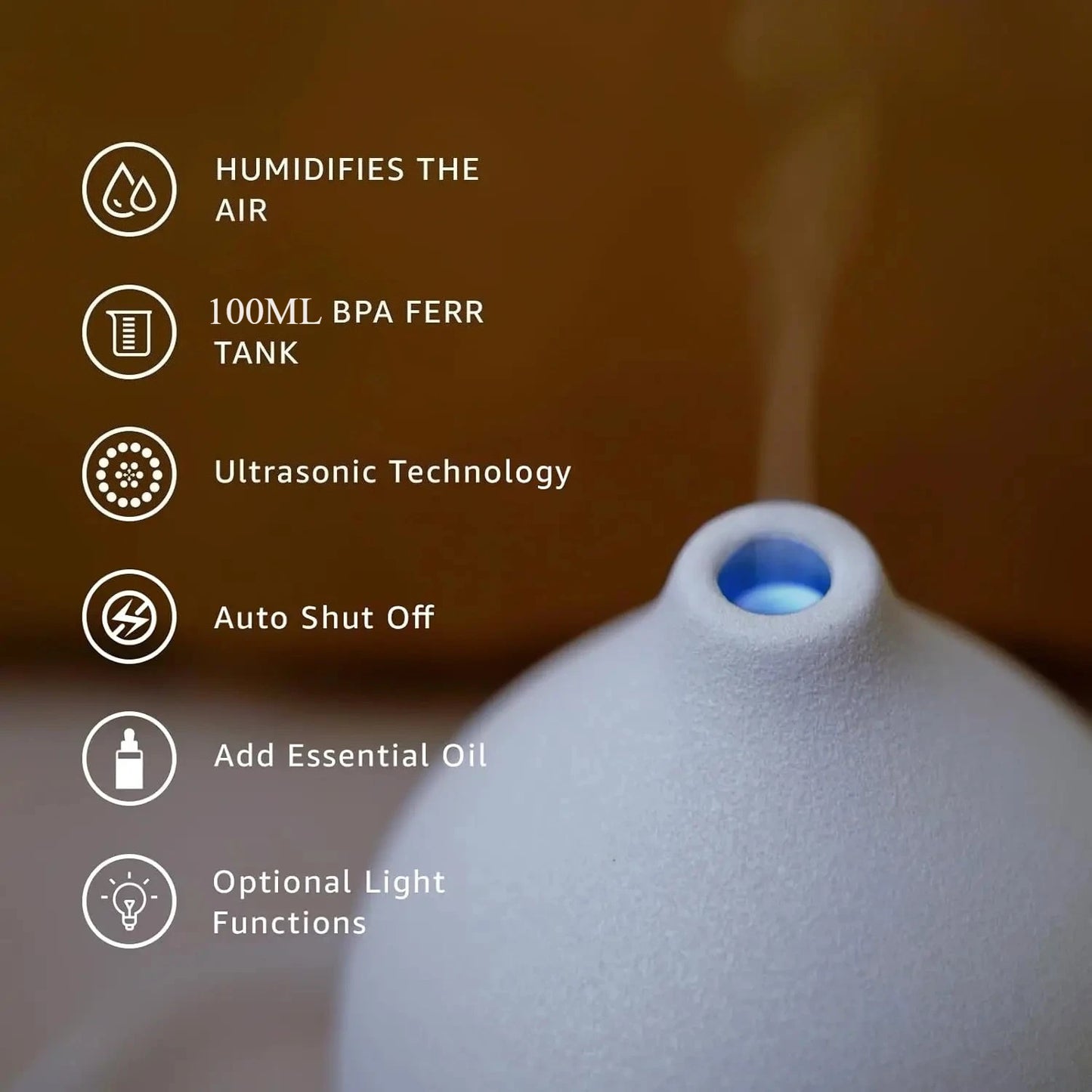 Ceramic Essential Oil Diffuser Ultrasonic Aromatherapy Humidifier with 7-Color LED Lights Auto Shut-Off 1H/3H/6H Timer